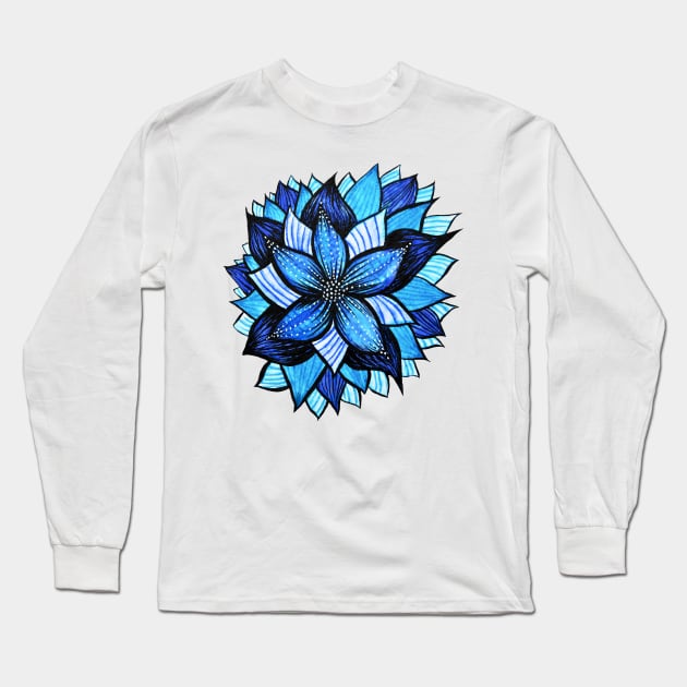 Beautiful Abstract Blue Flower Ink Drawing Long Sleeve T-Shirt by Boriana Giormova